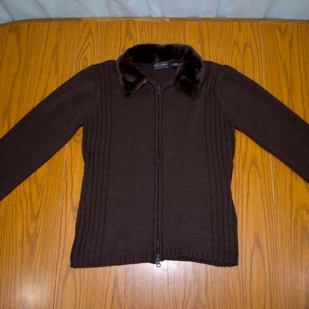 Jaime Nicole Full Zip Brown Sweater Faux Fur Collar and Cuffs